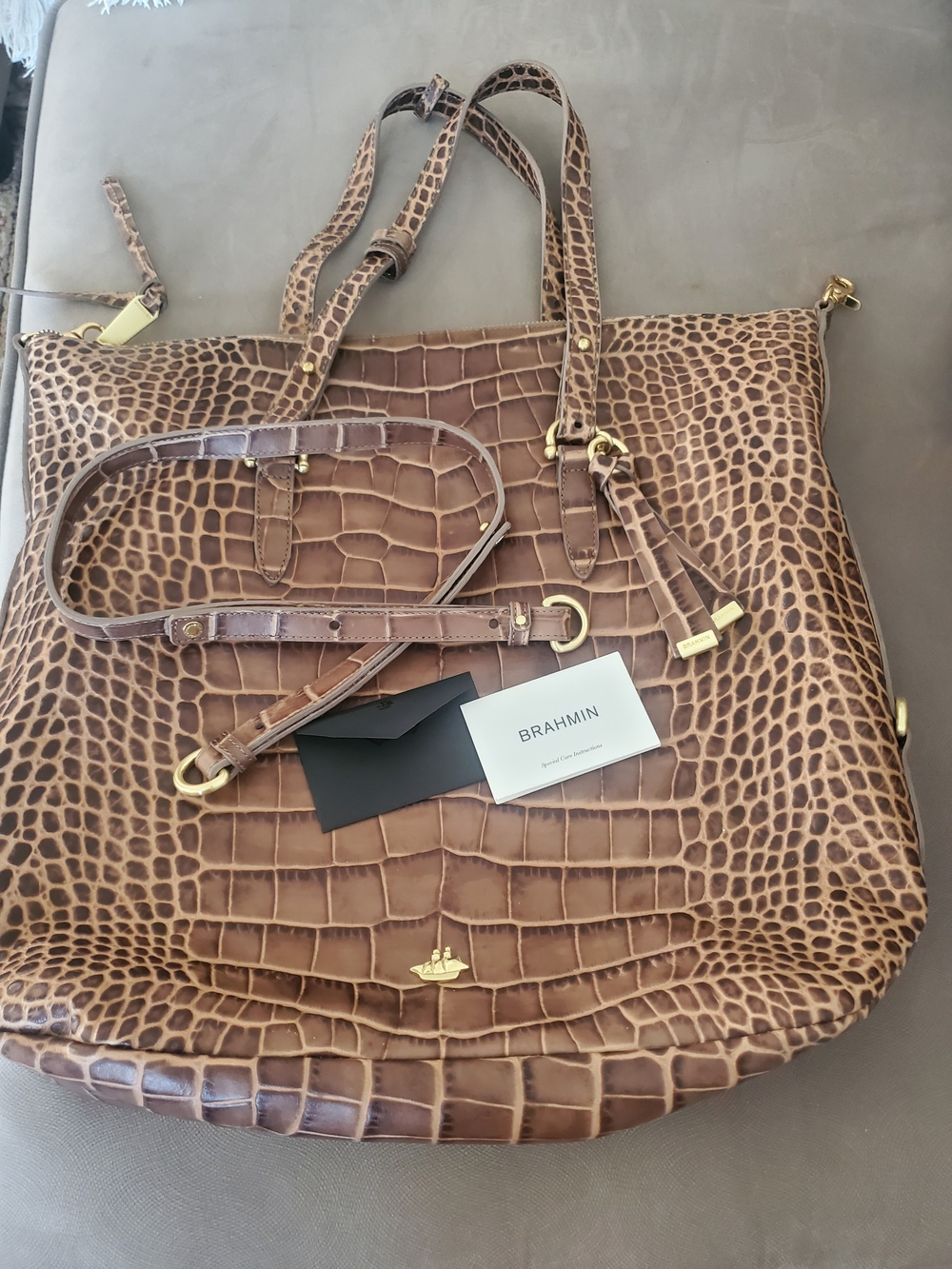 New Brahmin Tan Croc-Embossed Leather Tote with Gold Hardware Shoulder Bag